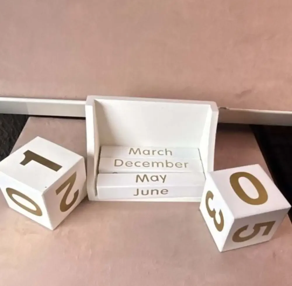 White Wooden Perpetual Desk Calendar with Gold Lettering